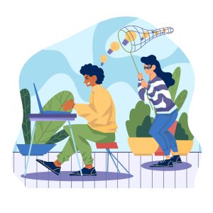 A woman uses a net to steal ideas from someone working on a laptop