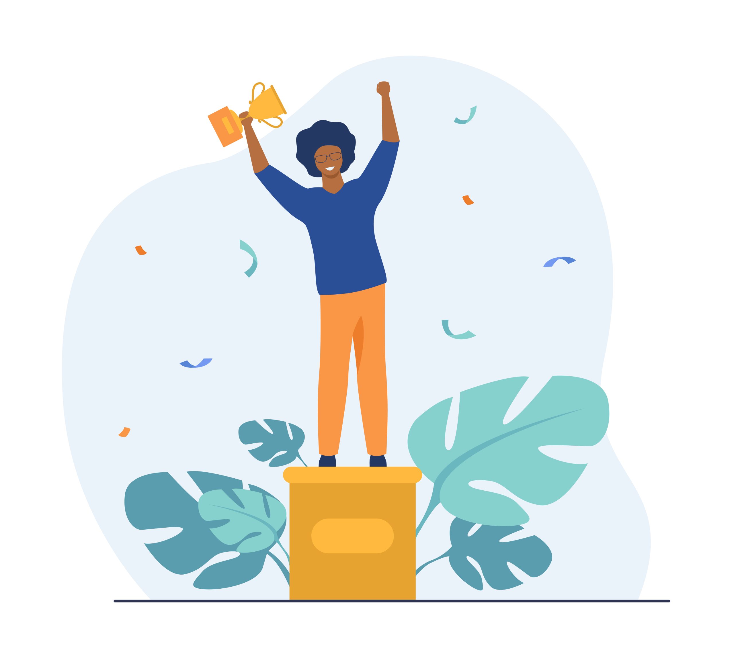 Smart guy getting award. Winner standing on pedestal, holding golden cup. Flat vector illustration.