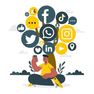 a man sits under a tree that is made of social medial logos